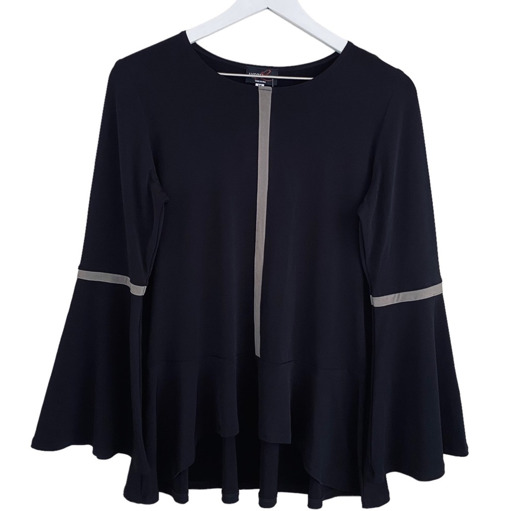 Andria Lieu NWT Black & Taupe Stretch Bell Sleeve Peplum‎ Layered Blouse Medium